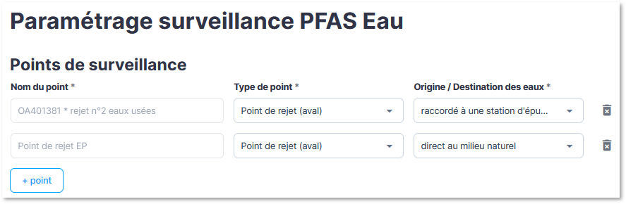 page de paramétrage des points de surveillance où l'on peut ajouter des points et des paramètres PFAS