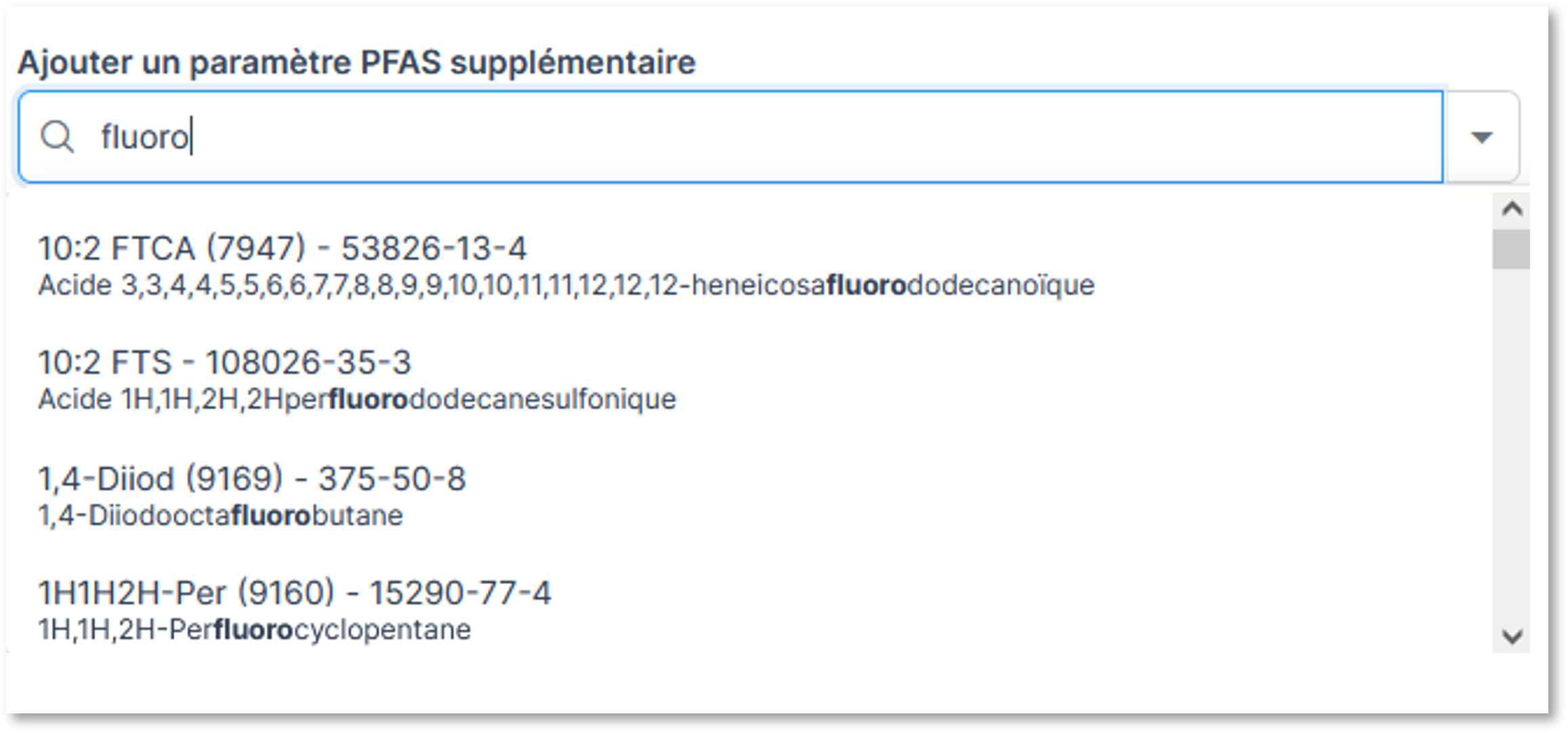 Barre de recherche de paramètres PFAS eau à partir de la saisie de leur nom