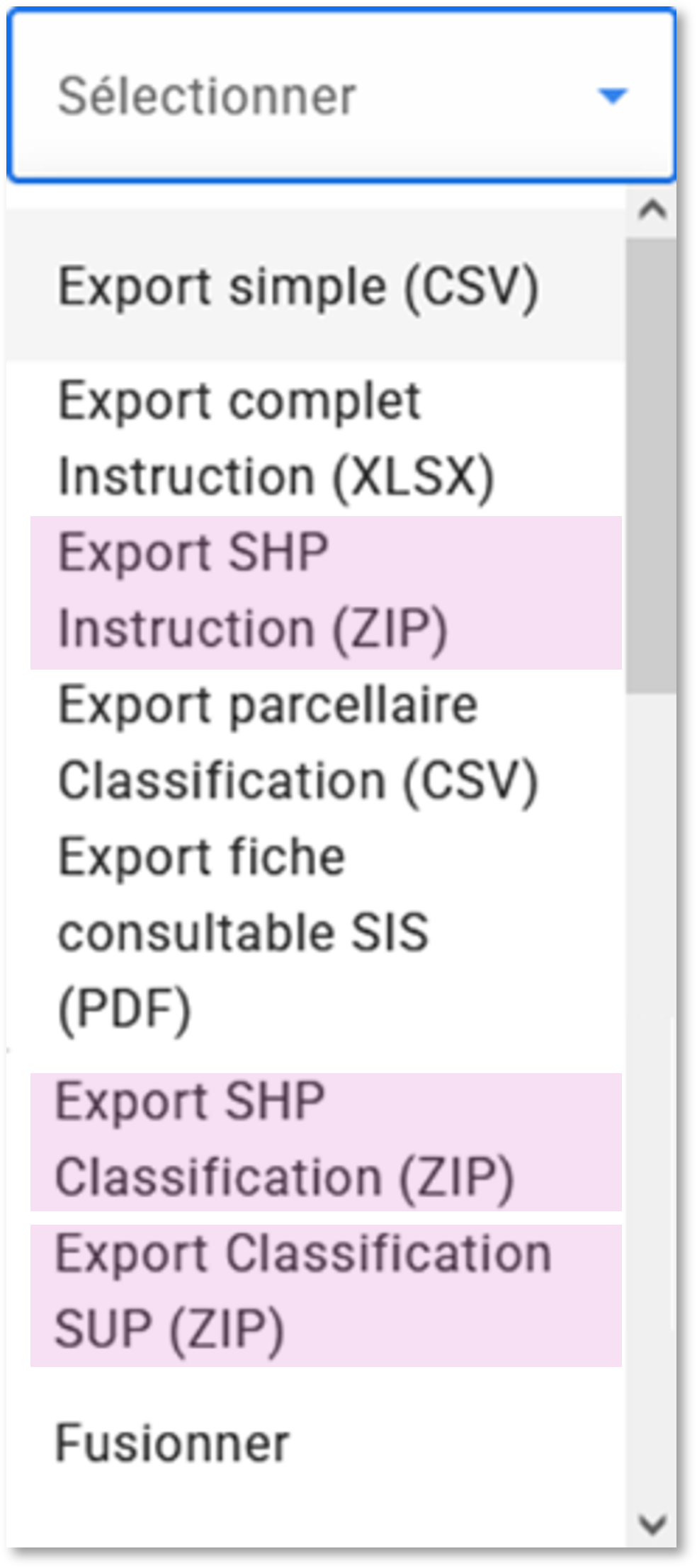 Options d'export des résultats de la recherche