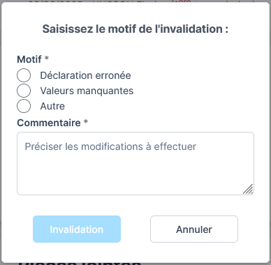 sélection du motif de l'invalidation et saisie du descriptif